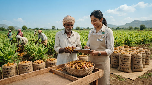 Agricultural agronomist inspecting golden crop harvest in India