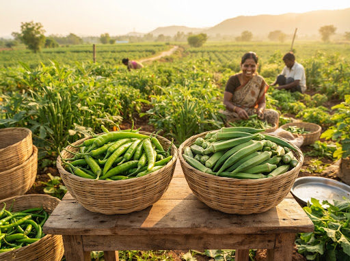 Fresh Indian harvest green chillies and vegetables